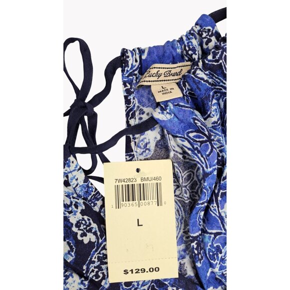 Lucky Brand Blue Floral Halter Maxi Dress Adjustable Tasseled Ties Size Large - Picture 3 of 10
